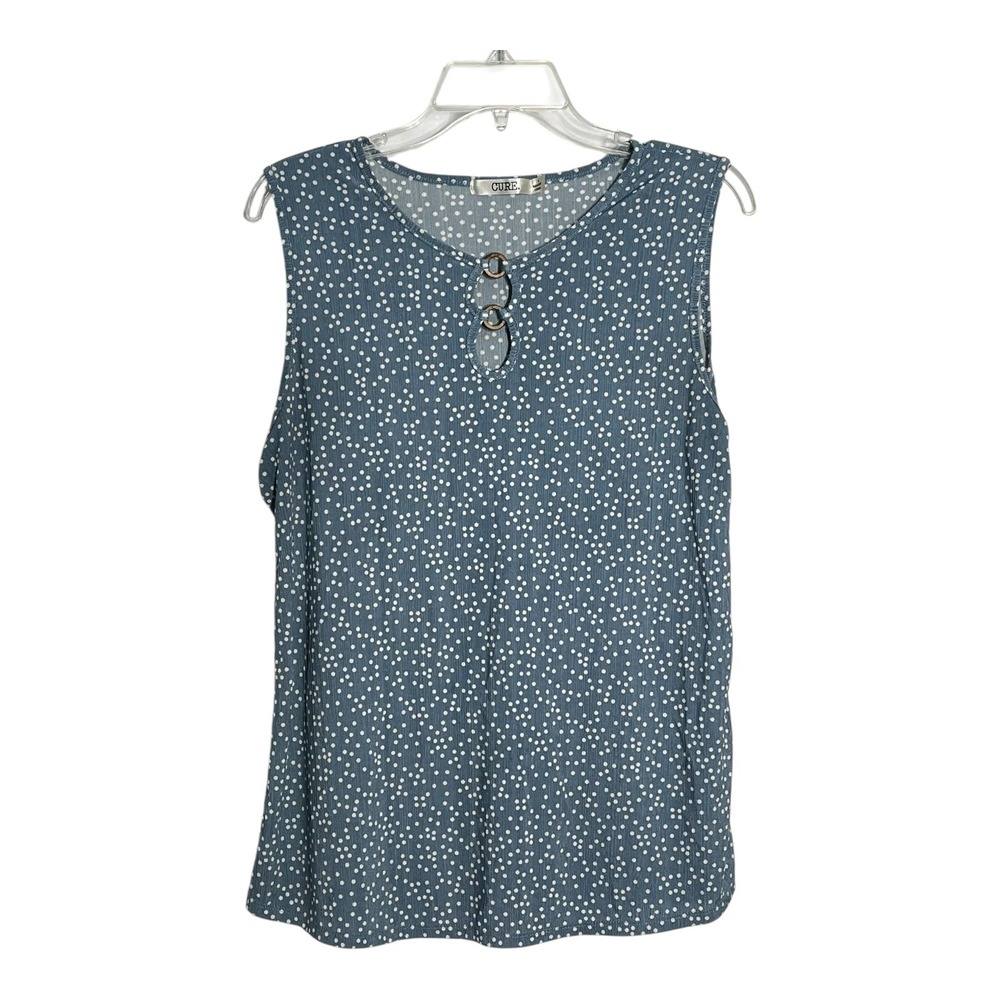 Cure Blue Polka Dot Sleeveless Top Keyhole Blouse Ladies Size L